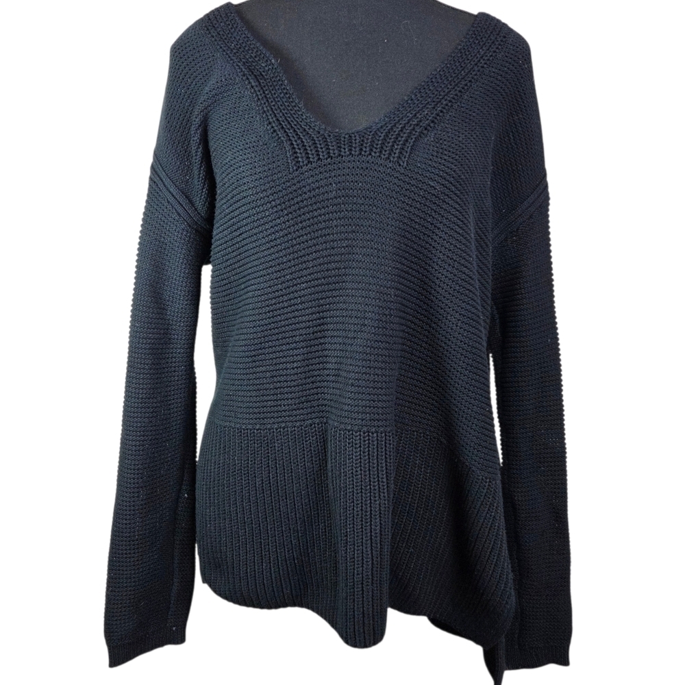 Lord & Taylor Black 100% Cotton Knit V-Neck Sweater Size Small
